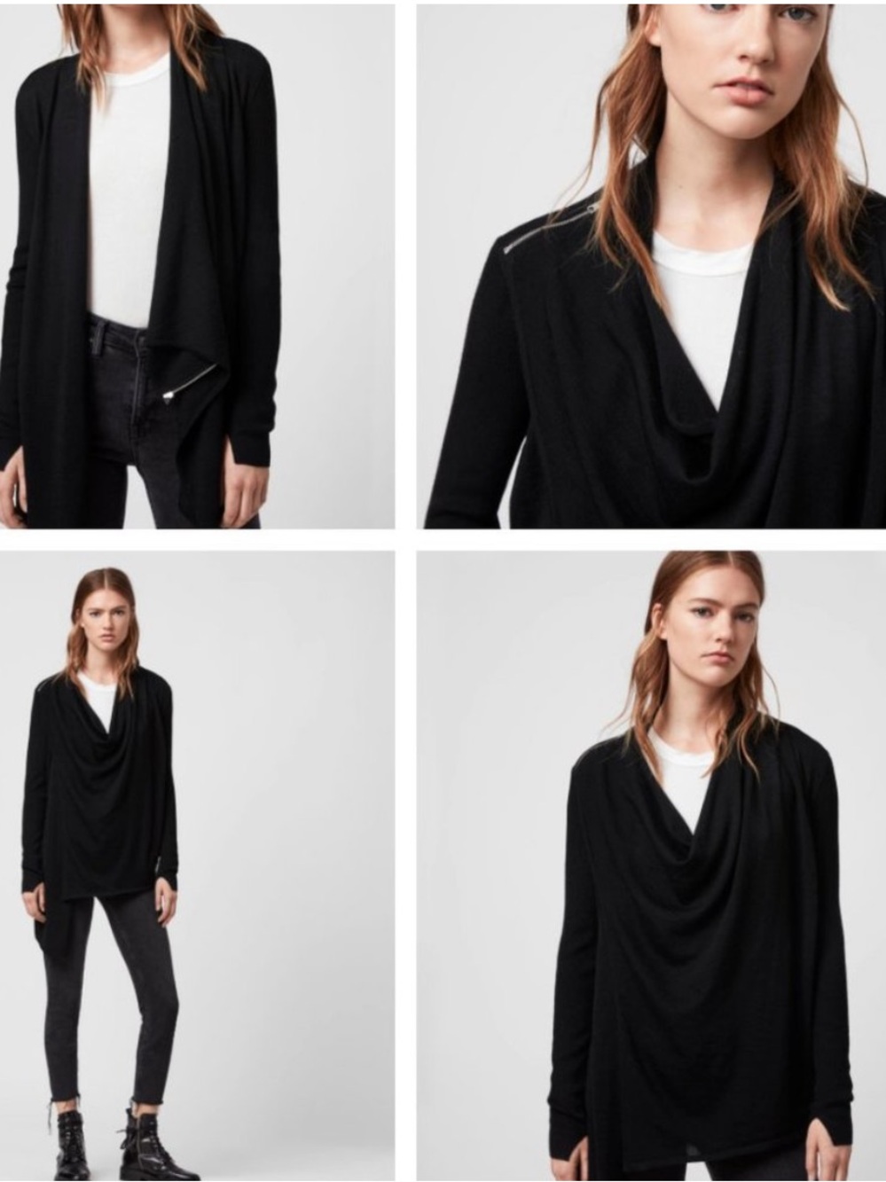 ALL SAINTS DRINA Draped Ribbed 100% Merino Wool Blac Cardigan Sweater